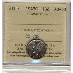 NFLD 1945C 10¢ ICCS AU-50