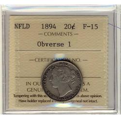 NFLD 1894 20¢ Obv 1 ICCS F-15