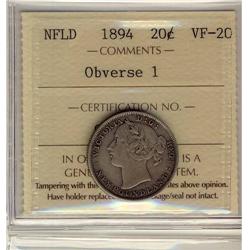 NFLD 1894 20¢ Obv 1 ICCS VF-20