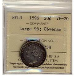 NFLD 1896 20¢ Large 96 Obv 1 ICCS VF-20