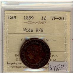 1858 1¢ Wide 9/8 ICCS VF20  