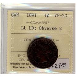 1891 LL LD Obv 2 1¢  ICCS VF20