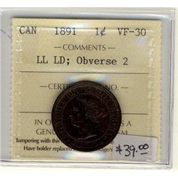1891 LL LD Obv 2 1¢ ICCS VF30