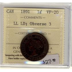 1891 LL LD Obv 3   1¢  ICCS VF20