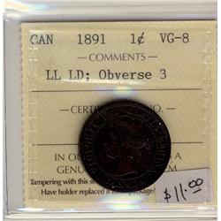 1891 LL LD Obv 3   1¢  ICCS VG8 