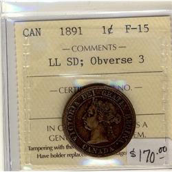1891 SD LL Obv 3  1¢  ICCS F15