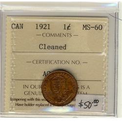1921  1¢  ICCS MS60 Cln 