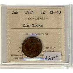 1924  1¢ ICCS EF40 Rim Nicks
