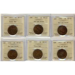 Lot of 6 ICCS graded MS-62 Large Cents; 1905,1912, 1913, 191