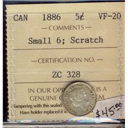1886  5¢ Small 6  ICCS VF20 Scratch