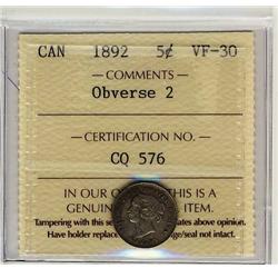 1892 5c Obv 2 ICCS VF-30