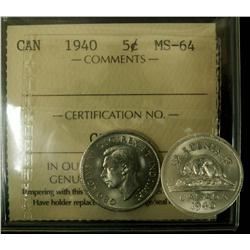 1940 5¢ ICCS MS64.  A PQ example with full lustre.