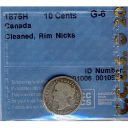 1875H 10¢ CCCS G-6, very lightly cleaned and a few rim nicks