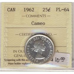 1962  25¢ ICCS PL64 Cameo