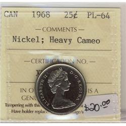 1968 25¢ Nickel  ICCS PL64 Heavy Cameo