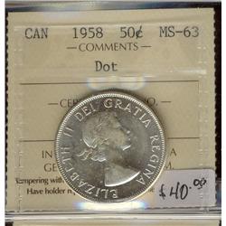  1958 50¢ Dot ICCS MS63 