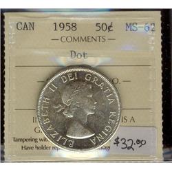 1958  50¢ Dot ICCS MS62