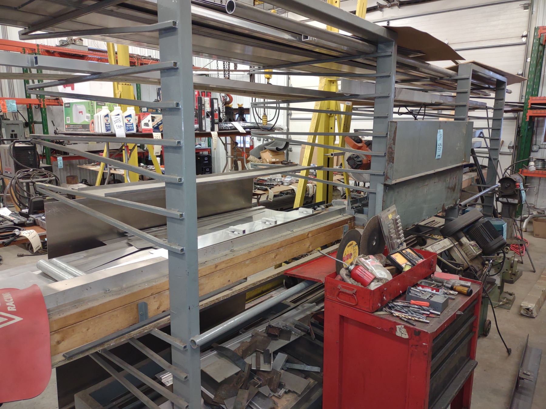 LARGE ROLLING STEEL STOCK RACK ON HD CASTORS, 18'L X 7'H X 43