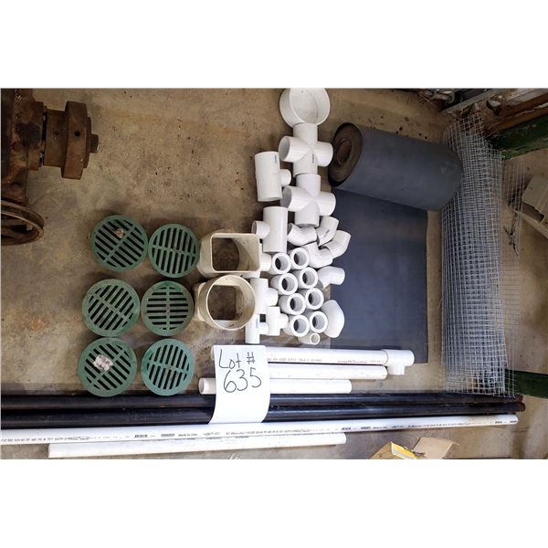LOT OF NEW PVC PIPE, DRAINAGE GRATES, CROSS T PVC FITTINGS, T PIPE