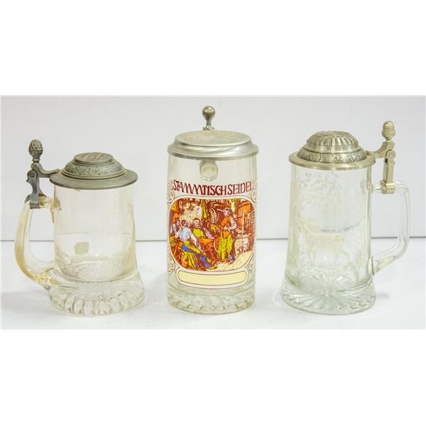 FLAT OF 3 GLASS ETCHED BEER STEINS 1950'S UP