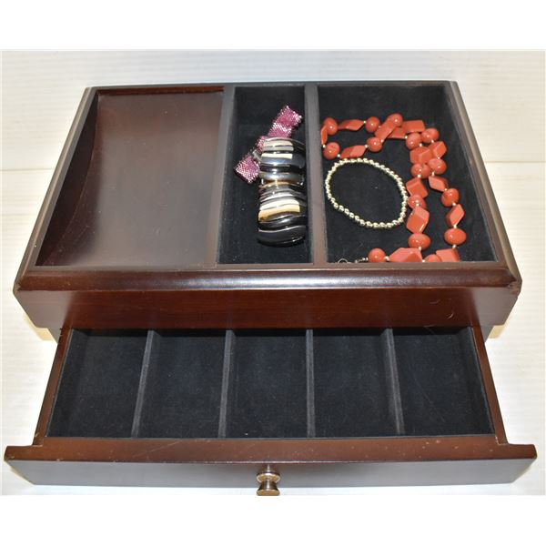 DARK RED BROWN WOODEN JEWELRY BOX, WITH DRAWER