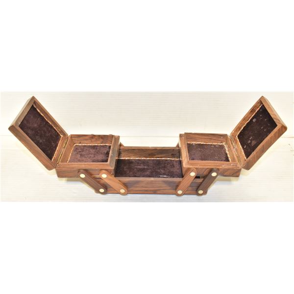 INLAID CARVED MINIATURE SEWING BOX TRIFOLD