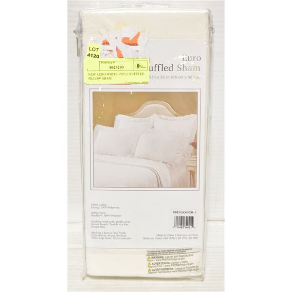 NEW EURO WHITE VOILE RUFFLED PILLOW SHAM