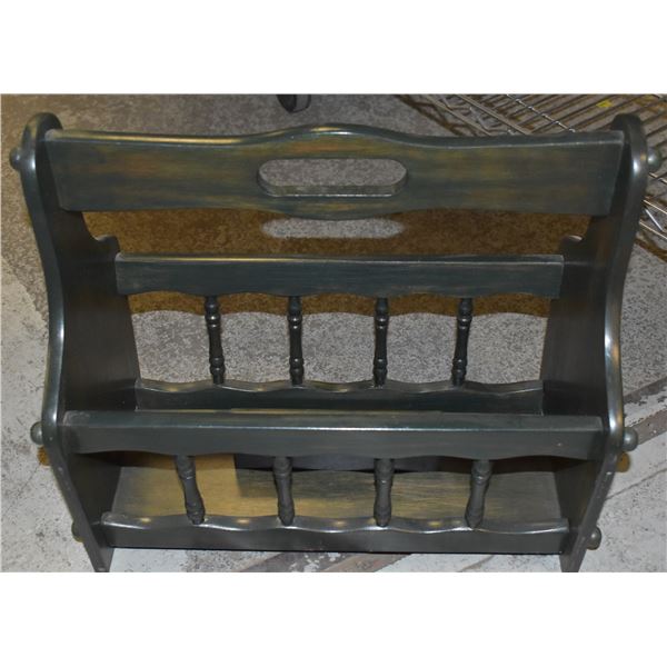 ANTIQUE GREEN WOODEN MAGAZINE RACK