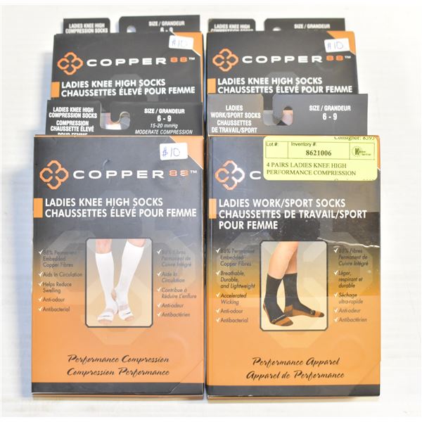 4 PAIRS LADIES KNEE HIGH PERFORMANCE COMPRESSION