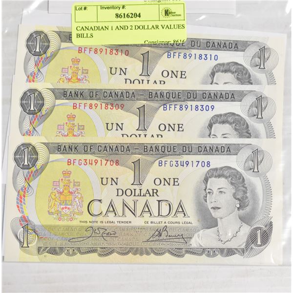 CANADIAN 1 AND 2 DOLLAR VALUES BILLS