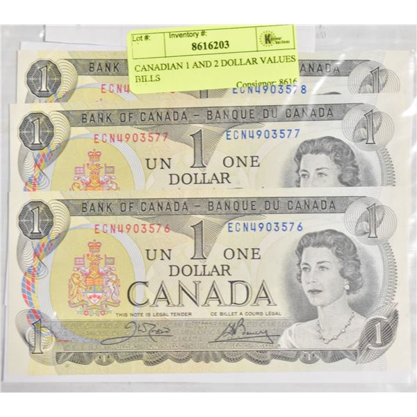 CANADIAN 1 AND 2 DOLLAR VALUES BILLS