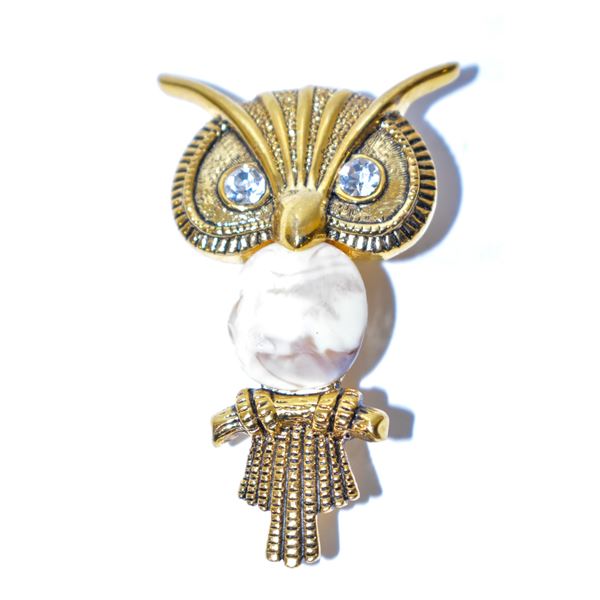 VINTAGE OWL BROOCH WITH ABORITE BELLY AND