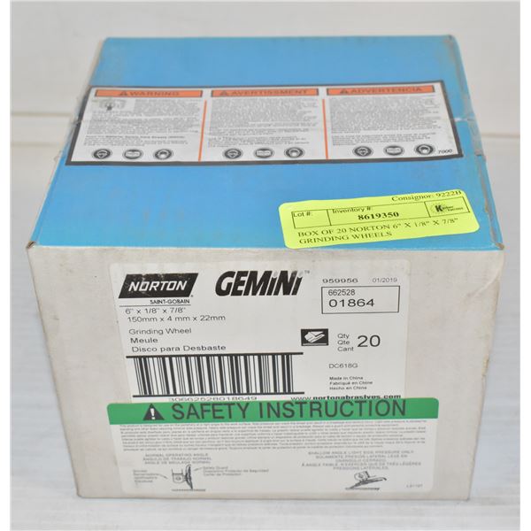 BOX OF 20 NORTON 6" X 1/8" X 7/8" GRINDING WHEELS