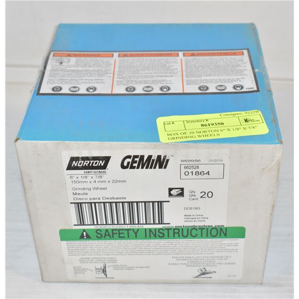 BOX OF 20 NORTON 6" X 1/8" X 7/8" GRINDING WHEELS