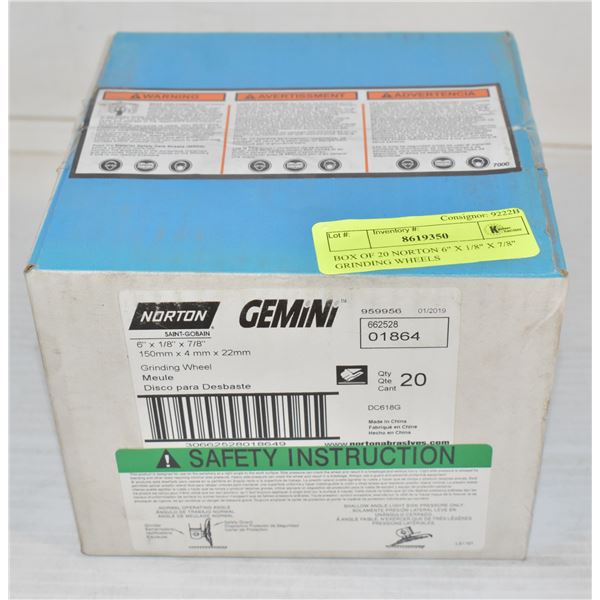BOX OF 20 NORTON 6" X 1/8" X 7/8" GRINDING WHEELS