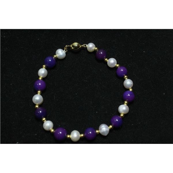 #334-FRESH WATER PEARL & SUGILITE BRACELET 7.5"