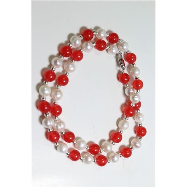 #30-FRESH WATER PEARL & RED JADE NECKLACE