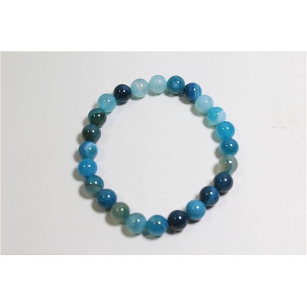 #382-NATURAL BLUE TRIPLE AGATE BEAD BRACELET 7.5"