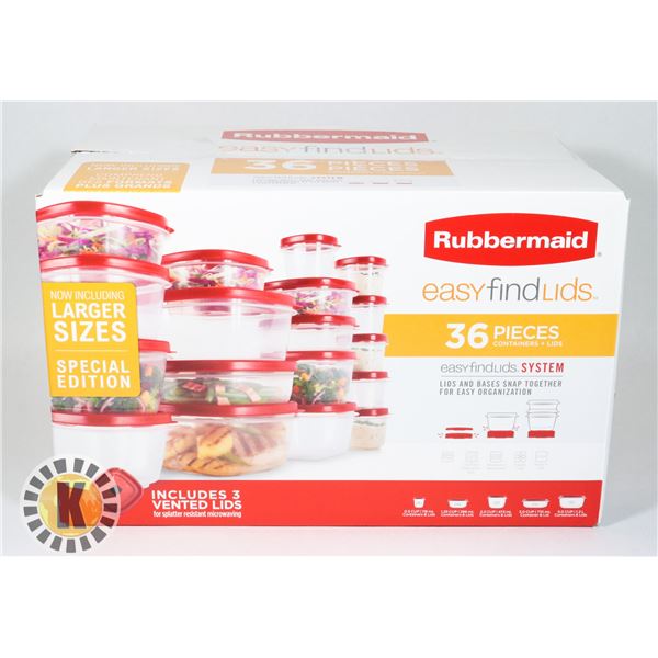 NEW RUBBERMAID 36PC EASY FIDE LID CONTAINER SET