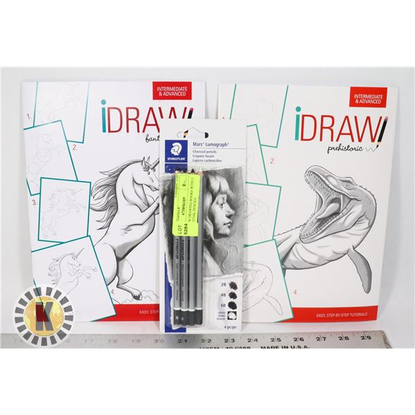 TWO NEW DRAWING BOOKS WITH 3 PC CHARCOAL PENCILS