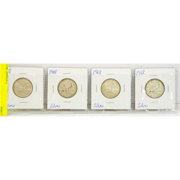 4 1968 SILVER CANADA 25 CENTS COINS