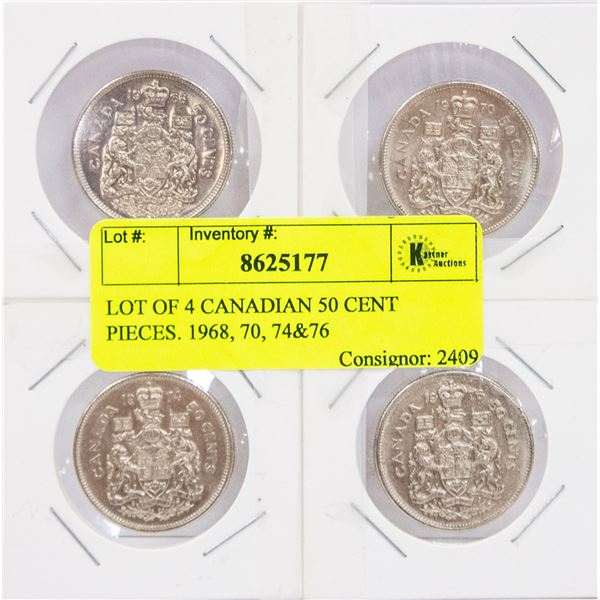 LOT OF 4 CANADIAN 50 CENT PIECES. 1968, 70, 74&76