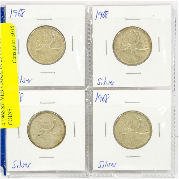 4 1968 SILVER CANADA 25 CENTS COINS