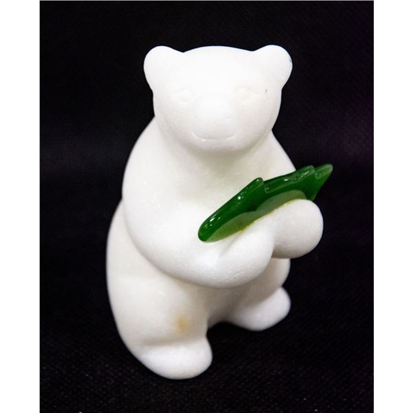 SOAPSTONE BABY POLAR BEAR CUB WITH JADE FISH