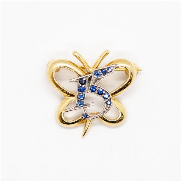 10KT YELLOW AND WHITE GOLD BLUE SAPPHIRE BROOCH