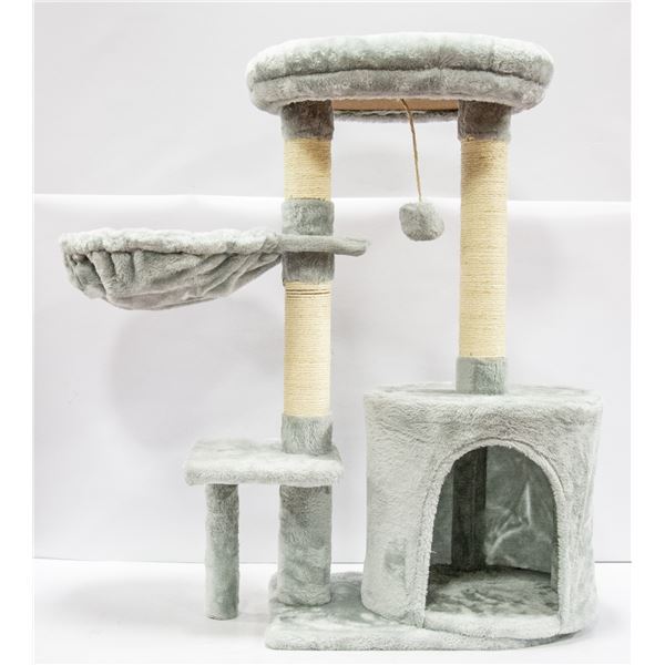 NEWLY ASSEMBLED GREY CAT CONDO WITH SCRATCH POSTS