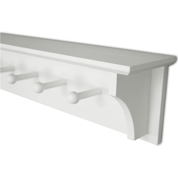NEW -WHITE FLOATING 5 PEG WOOD COAT RACK AND SHELF