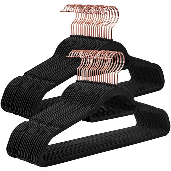 NEW SET OF 50 BLACK VELVET HANGERS WITH GOLD TRIM