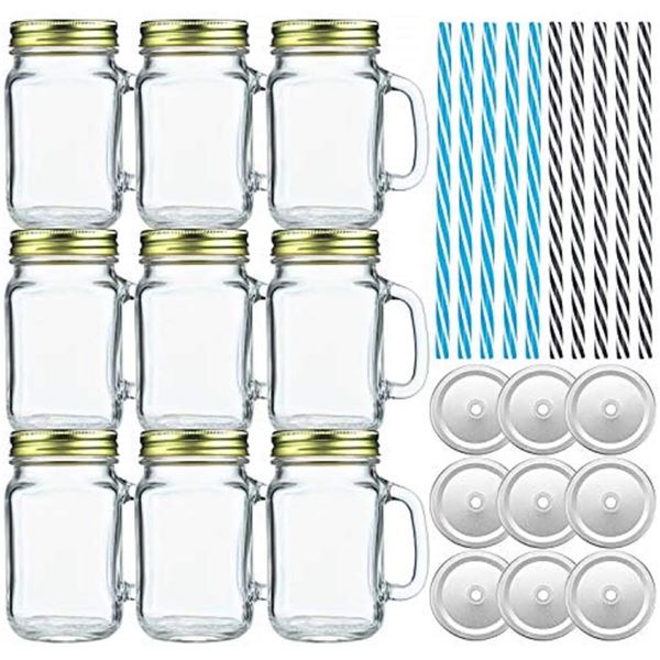 NEW - SET OF 9 DRINKING MASON JARS, 16OZ, WITH LID