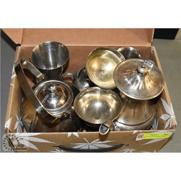 LOT OF SILVER PLATE INCLUDES TEA POT
